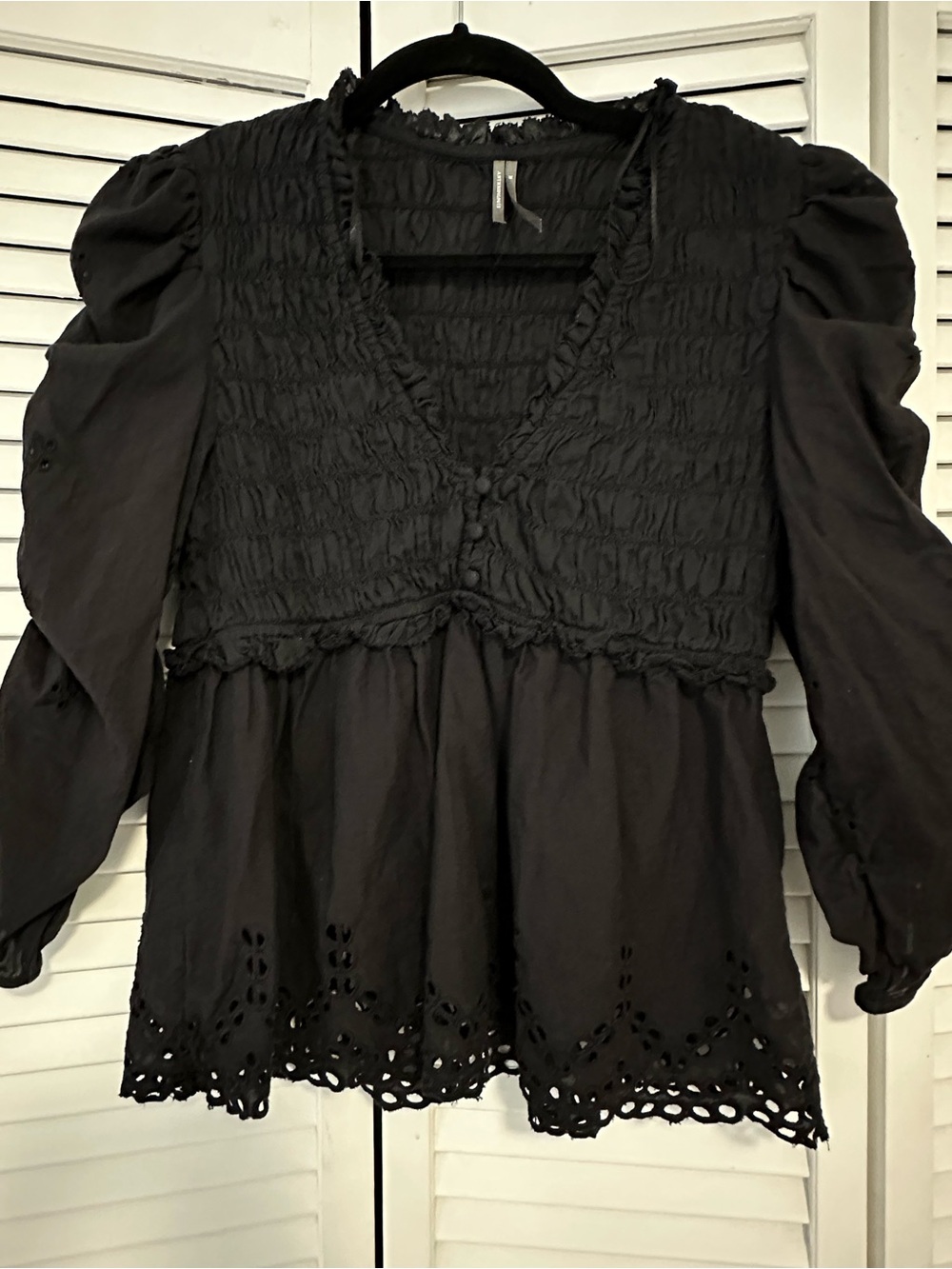 Anthropologie Black Smocked V-Neck Peplum Blouse